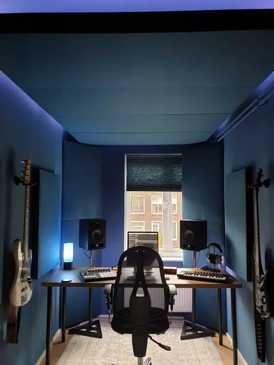 Home Recording Studio - One Computer Monitor, Blue Room Color, Tan Desk Color, Keyboard, Guitar, MIDI Pad