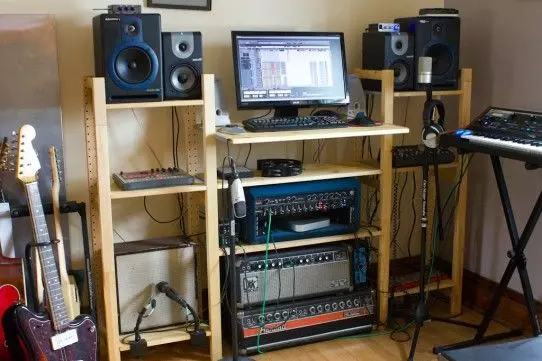 Home Recording Studio - One Computer Monitor, White Room Color, Tan Desk Color, Keyboard, Guitar