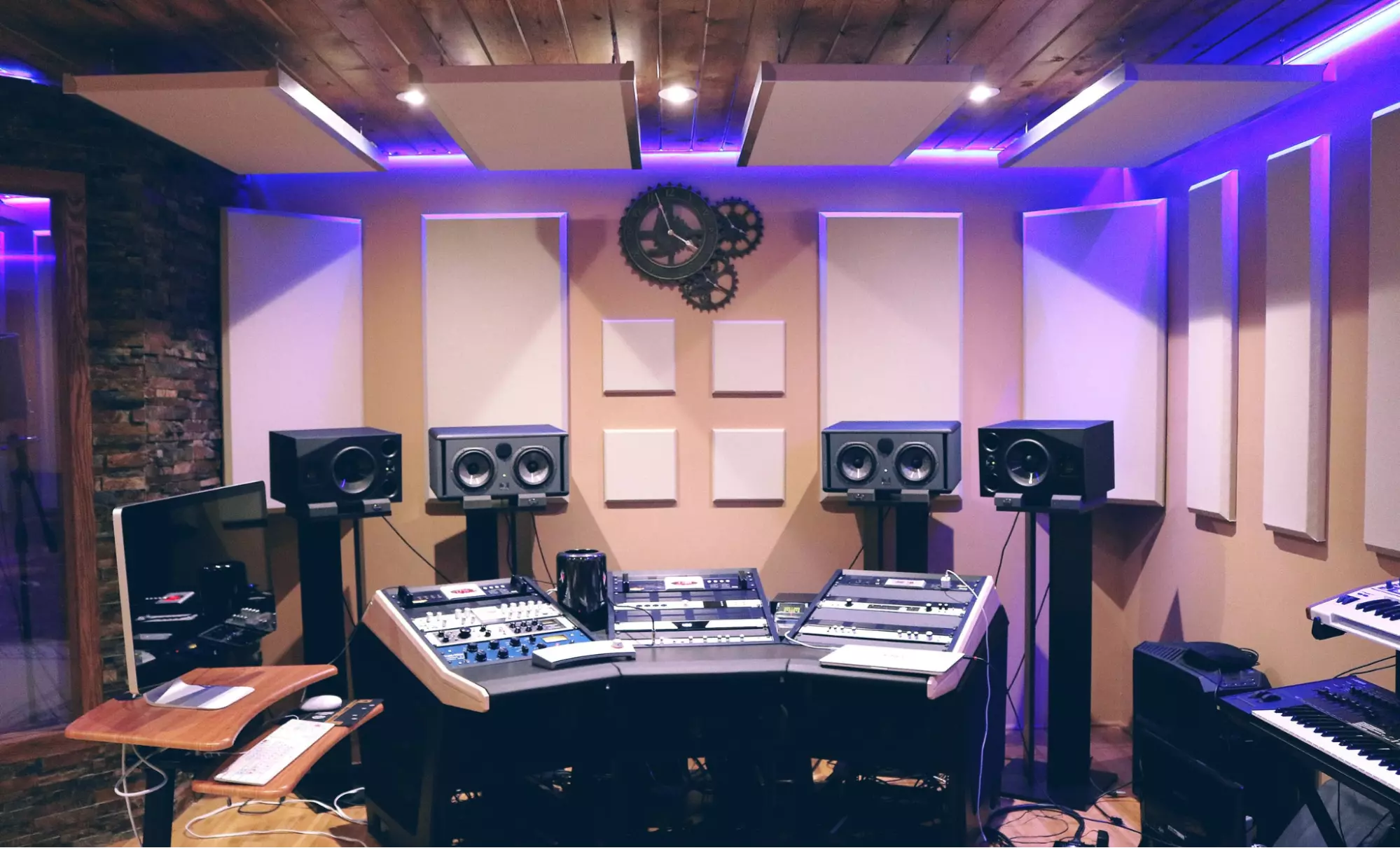 Home Recording Studio - One Computer Monitor, Tan Room Color, Black Deck Color, Keyboard