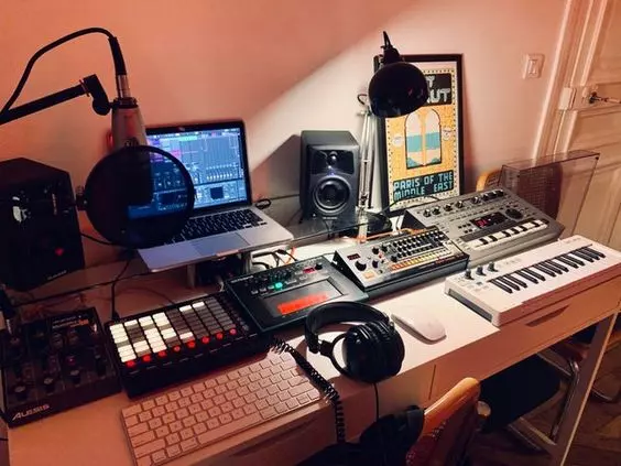 Home Recording Studio - One Computer Monitor, White Room Color, White Desk Color, Keyboard, MIDI Pad