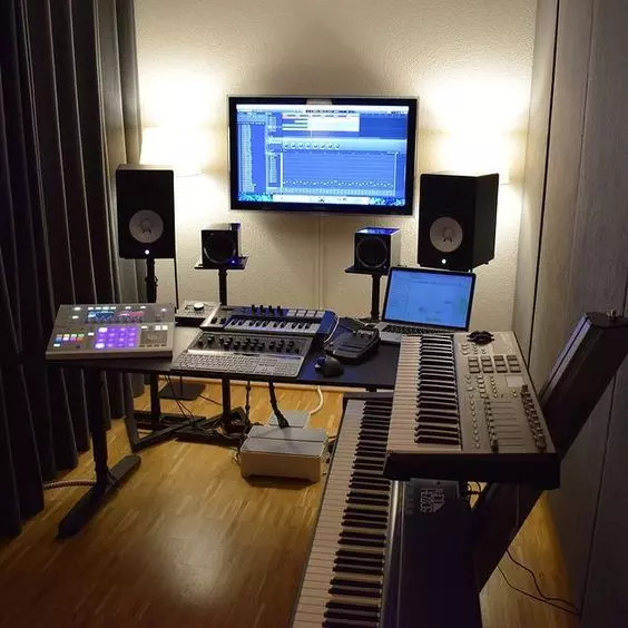 Home Recording Studio - Two Computer Monitors, White Room Color, Black Desk Color, Keyboard