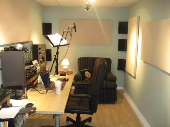 Home Recording Studio - One Computer Monitor, Gray Room Color, White Desk Color