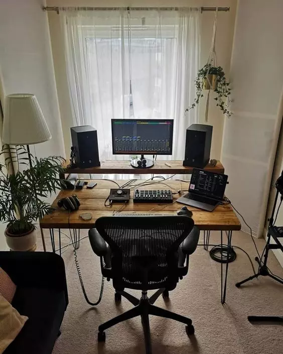 Home Recording Studio - One Computer Monitor, White Room Color, Brown Desk Color, No Instruments