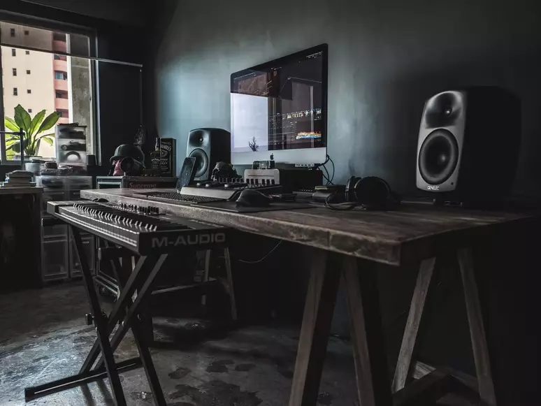 Home Recording Studio - One Computer Monitor, Black Room Color, Black Desk Color, Keyboard