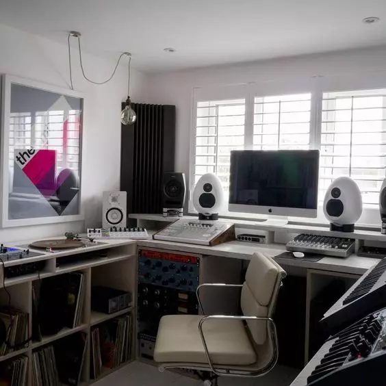 Home Recording Studio - One Computer Monitor, White Room Color, White Desk Color, Keyboard