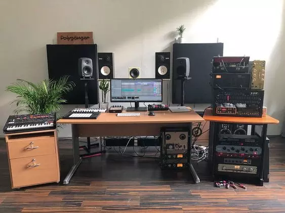Home Recording Studio - One Computer Monitor, White Room Color, Brown Desk Color, Keyboard, MIDI Pad