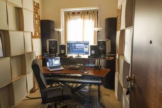 Home Recording Studio - Two Computer Monitors, White Room Color, Brown Desk Color, Keyboard