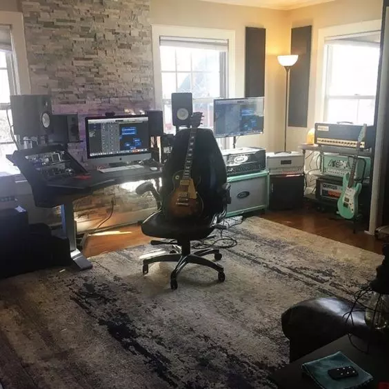 Home Recording Studio - One Computer Monitor, White Room Color, Black Desk Color, Guitar