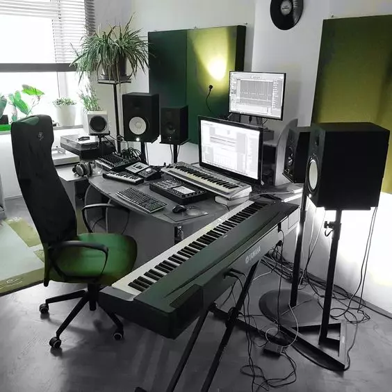 Home Recording Studio - Two Computer Monitors, White Room Color, Black Deck Color, Keyboard
