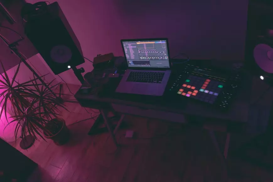 Home Recording Studio - One Computer Monitor, White Room Color, Black Desk Color, MIDI Pad