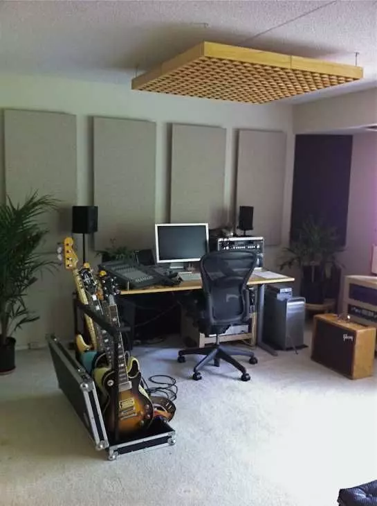 Home Recording Studio - One Computer Monitor, White Room Color, Tan Desk Color, Guitar