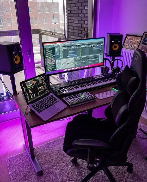 Home Recording Studio - Two Computer Monitors, White Room Color, Brown Desk Color, Keyboard