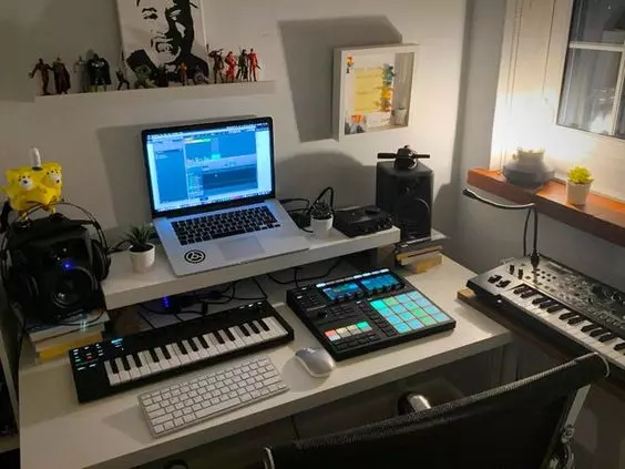 Home Recording Studio - One Computer Monitor, White Room Color, White Desk Color, Keyboard, MIDI Pad
