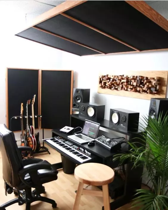 Home Recording Studio - One Computer Monitor, White Room Color, Black Desk Color, Keyboard, Guitar