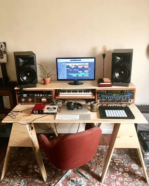 Home Recording Studio - One Computer Monitor, White Room Color, Tan Desk Color, Keyboard, MIDI Pad