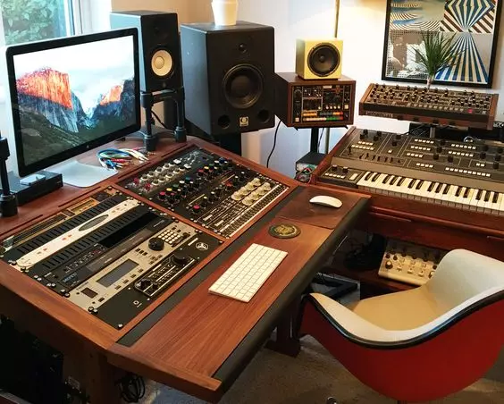 Home Recording Studio - One Computer Monitor, White Room Color, Brown Desk Color, Keyboard