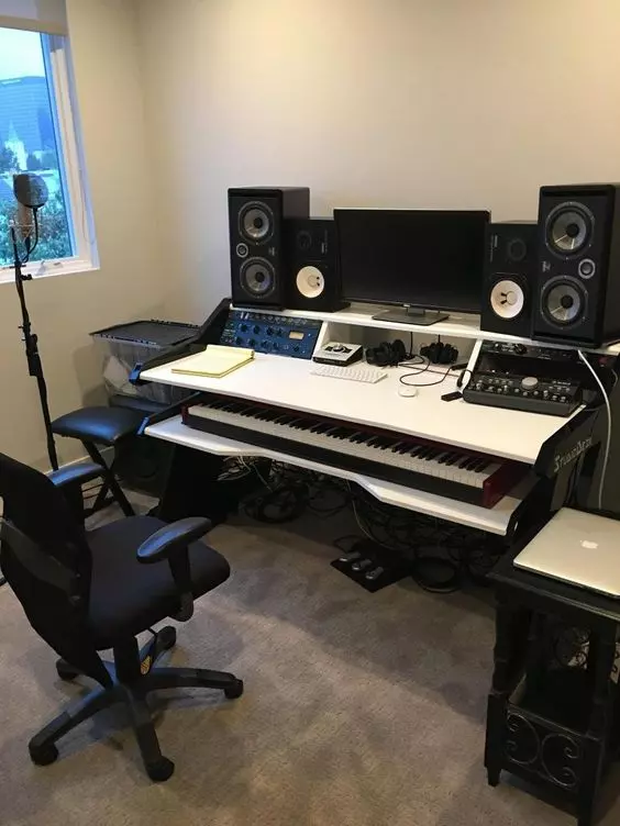 Home Recording Studio - One Computer Monitor, White Room Color, White Desk Color, Keyboard