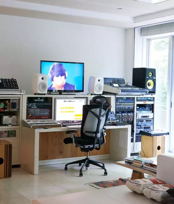 Home Recording Studio - Two Computer Monitors, White Room Color, White Desk Color, Keyboard