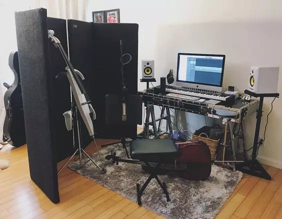 Home Recording Studio - One Computer Monitor, White Room Color, Black Desk Color, Keyboard, Guitar