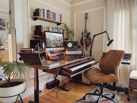 Home Recording Studio - One Computer Monitor, White Room Color, Brown Desk Color, Keyboard, Guitar