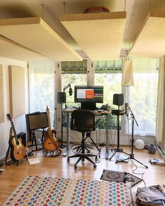 Home Recording Studio - One Computer Monitor, White Room Color, Tan Desk Color, Guitar