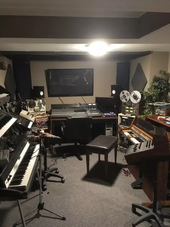 Home Recording Studio - Two Computer Monitors, White Room Color, Black Desk Color, Keyboard