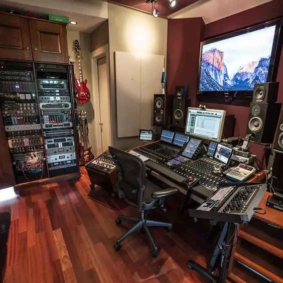 Home Recording Studio - Two Computer Monitors, White Room Color, Brown Desk Color, Guitar