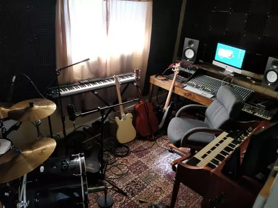 Home Recording Studio - One Computer Monitor, Black Room Color, Brown Desk Color, Keyboard, Guitar, Drums