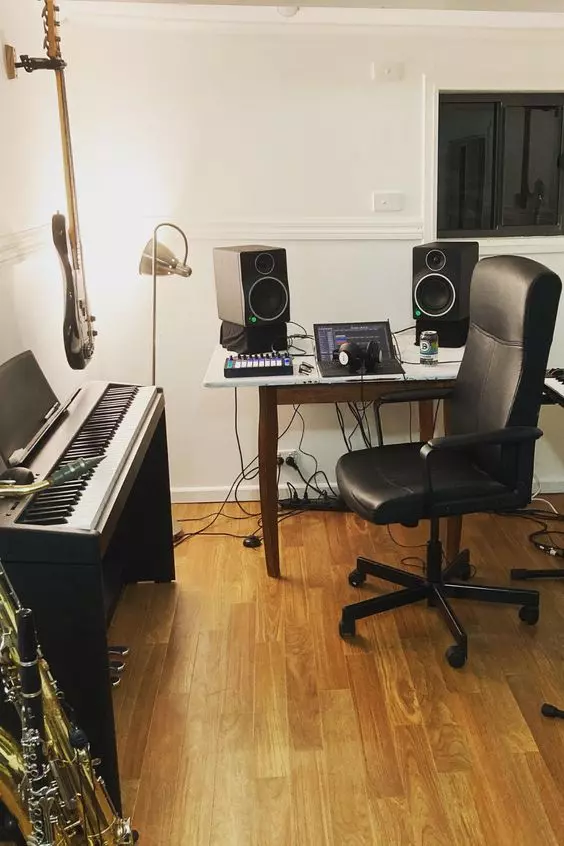 Home Recording Studio - One Computer Monitor, White Room Color, Brown Desk Color, Guitar
