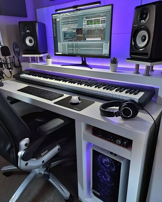 Home Recording Studio - One Computer Monitor, White Room Color, White Desk Color, Keyboard