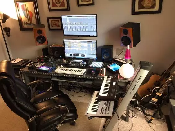 Home Recording Studio - Two Computer Monitors, White Room Color, Black Desk Color, Keyboard, Guitar, MIDI Pad