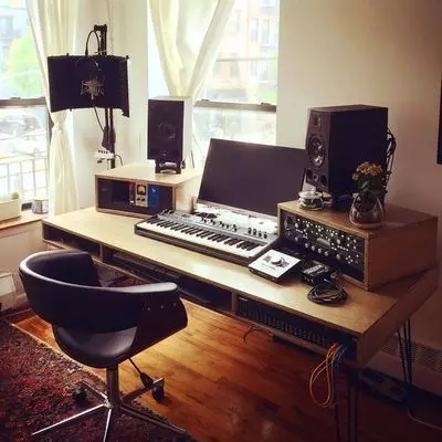 Home Recording Studio - One Computer Monitor, White Room Color, Tan Desk Color, Keyboard