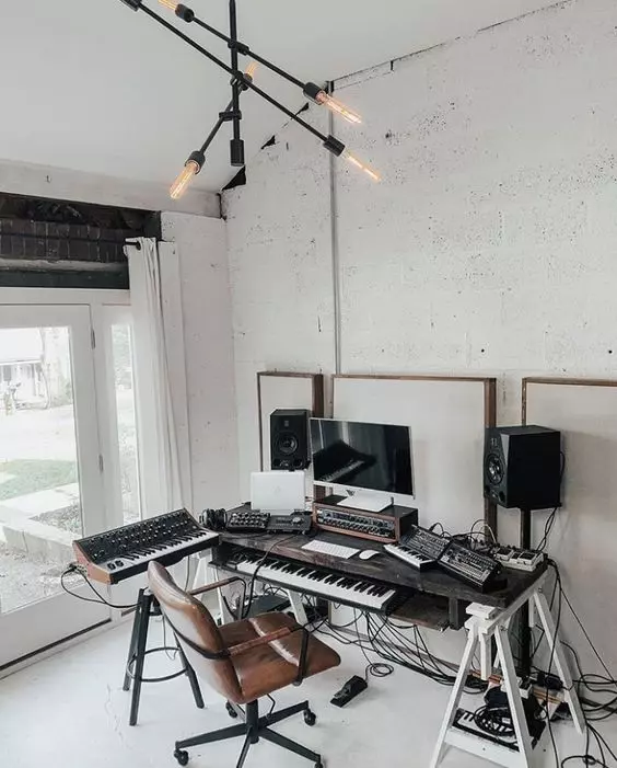 Home Recording Studio - One Computer Monitor, White Room Color, White Desk Color, Keyboard