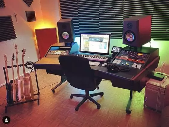 Home Recording Studio - One Computer Monitor, White Room Color, Black Desk Color, Keyboard, Guitar