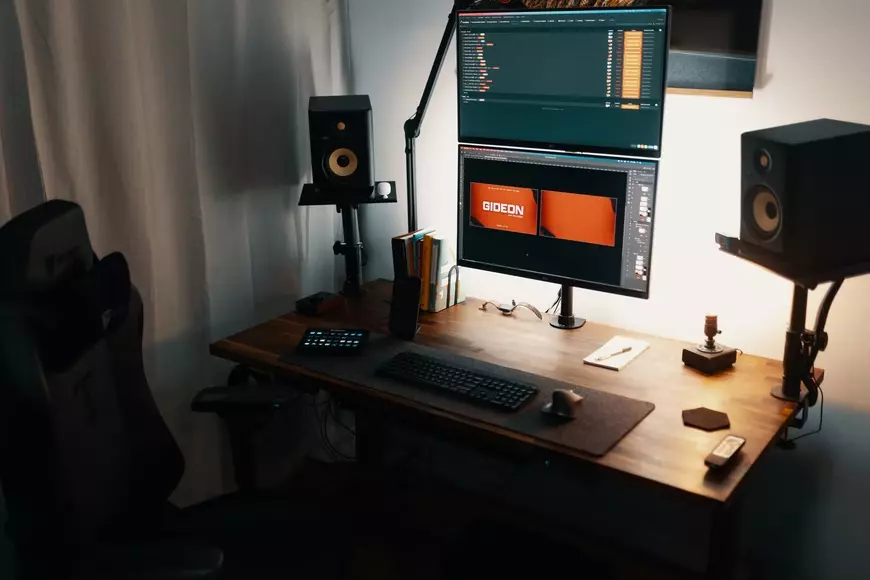 Home Recording Studio - Two Computer Monitors, White Room Color, Tan Desk Color, No Instruments