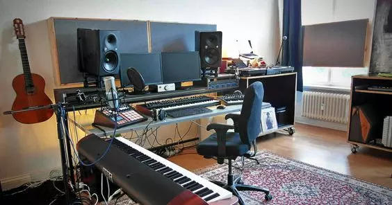 Home Recording Studio - Two Computer Monitors, White Room Color, Gray Desk Color, Keyboard, Guitar, MIDI Pad