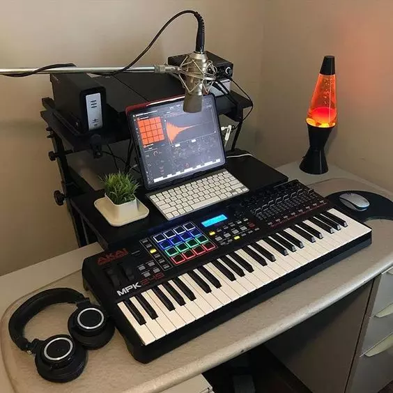 Home Recording Studio - One Computer Monitor, White Room Color, White Desk Color, Keyboard