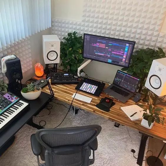 Home Recording Studio - Two Computer Monitors, White Room Color, Brown Desk Color, Keyboard, MIDI Pad