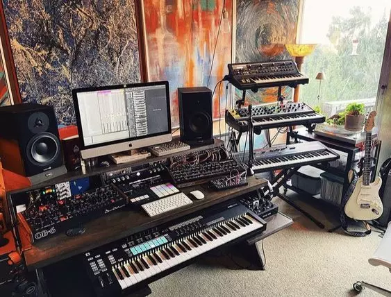 Home Recording Studio - One Computer Monitor, Red Room Color, Black Desk Color, Keyboard, Guitar