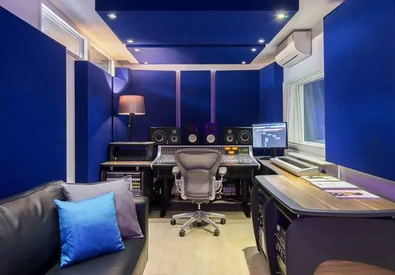 Home Recording Studio - One Computer Monitor, Blue Room Color, Black Dsck Color, Keyboard