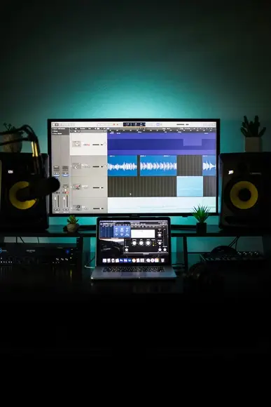 Home Recording Studio - Two Computer Monitors, Green Room Color, Black Desk Color, No Instruments