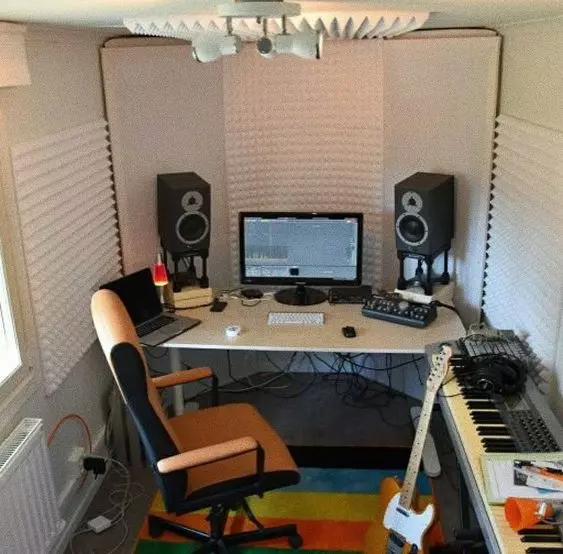 Home Recording Studio - One Computer Monitor, White Room Color, White Desk Color, Keyboard, Guitar