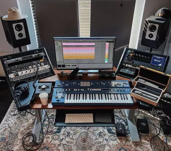 Home Recording Studio - One Computer Monitor, White Room Color, Brown Desk Color, Keyboard