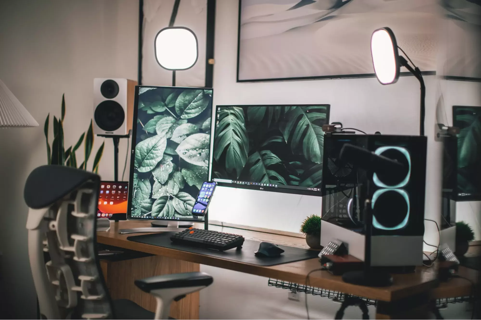 Home Recording Studio - Three Computer Monitors, White Room Color, Tan Desk Color, No Instruments