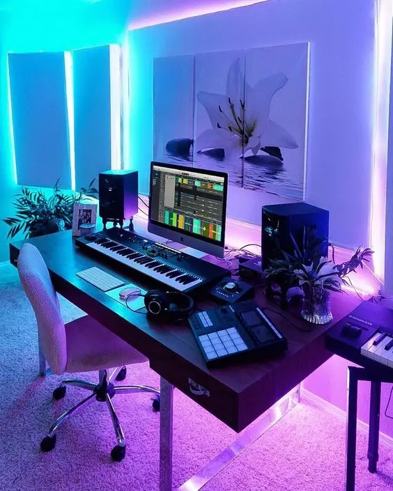 Home Recording Studio - One Computer Monitor, White Room Color, Black Desk Color, Keyboard, MIDI Pad
