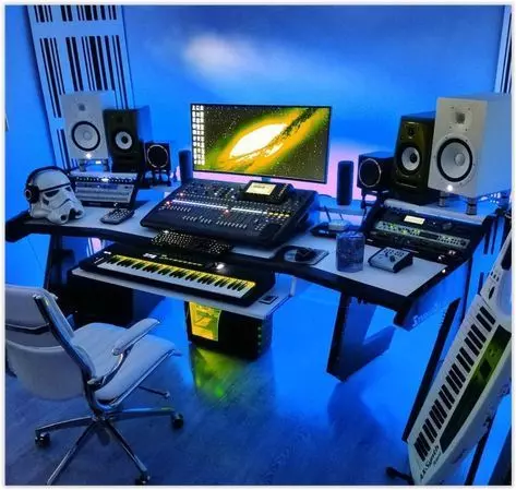 Home Recording Studio - One Computer Monitor, Blue Room Color, White Desk Color, Keyboard