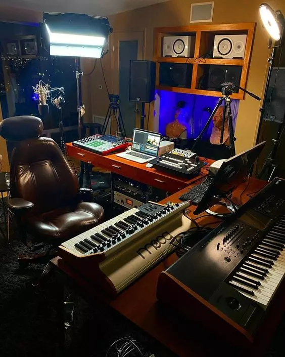 Home Recording Studio - Two Computer Monitors, Tan Room Color, Brown Desk Color, Keyboard
