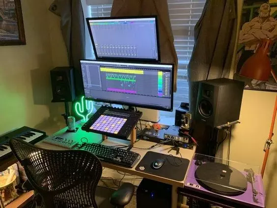 Home Recording Studio - Two Computer Monitors, White Room Color, White Desk Color, Keyboard, MIDI Pad