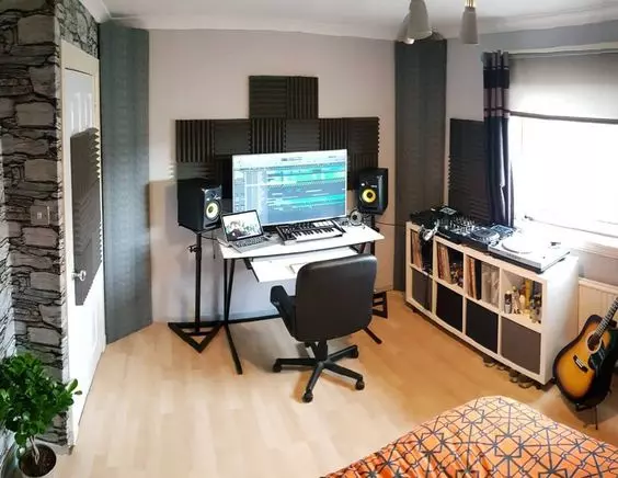 Home Recording Studio - One Computer Monitor, White Room Color, White Desk Color, Keyboard, Guitar