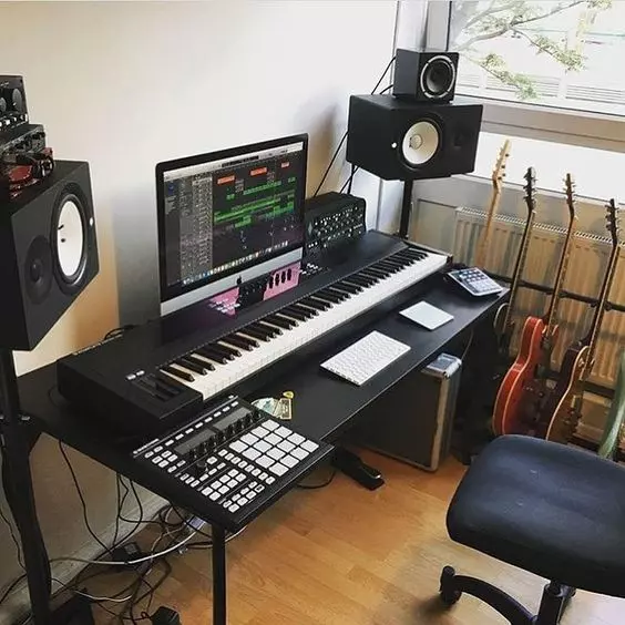 Home Recording Studio - One Computer Monitor, White Room Color, Black Desk Color, Keyboard, MIDI Pad, Guitar